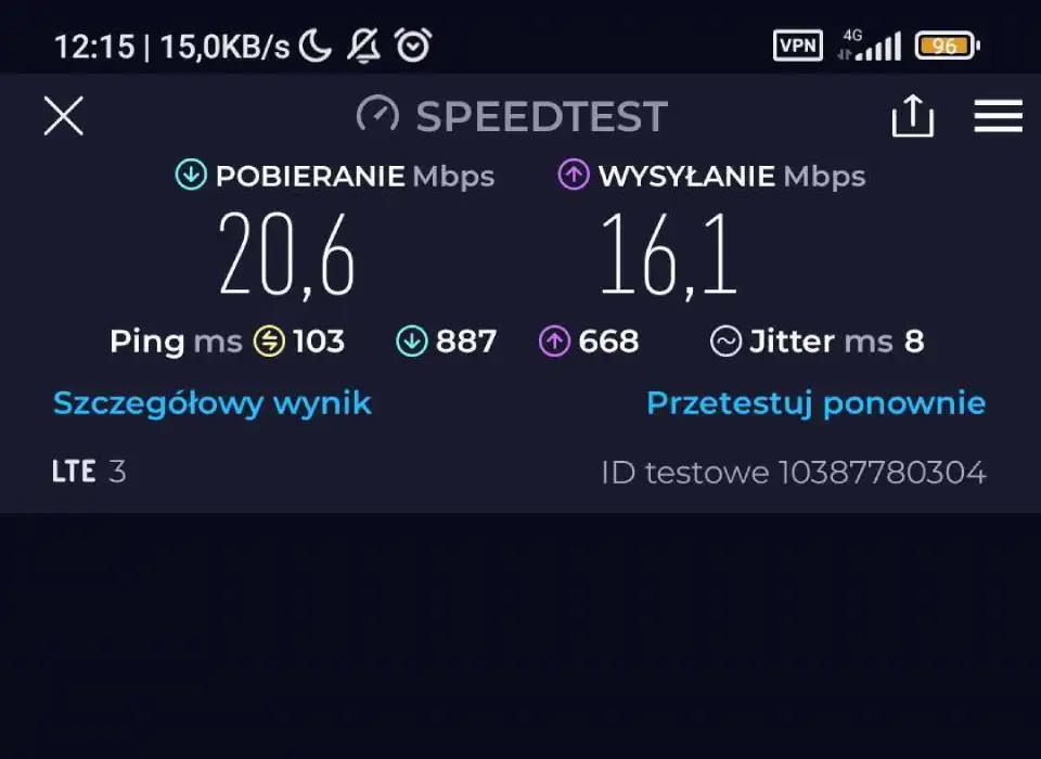 Test prędkości 5G na telefonie.